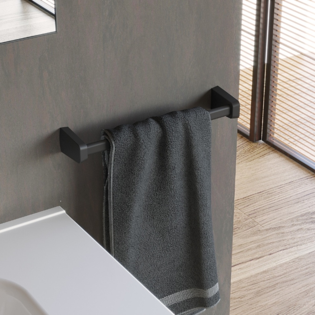Close up product lifestyle image of the Origins Living S6 Black Towel Rail